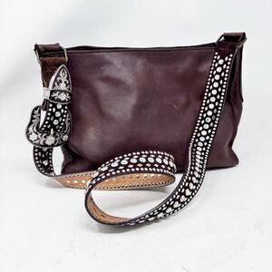 Upcycled Two Bar West Brown Leather Shoulder Bag Bling Belt Strap Boho Western